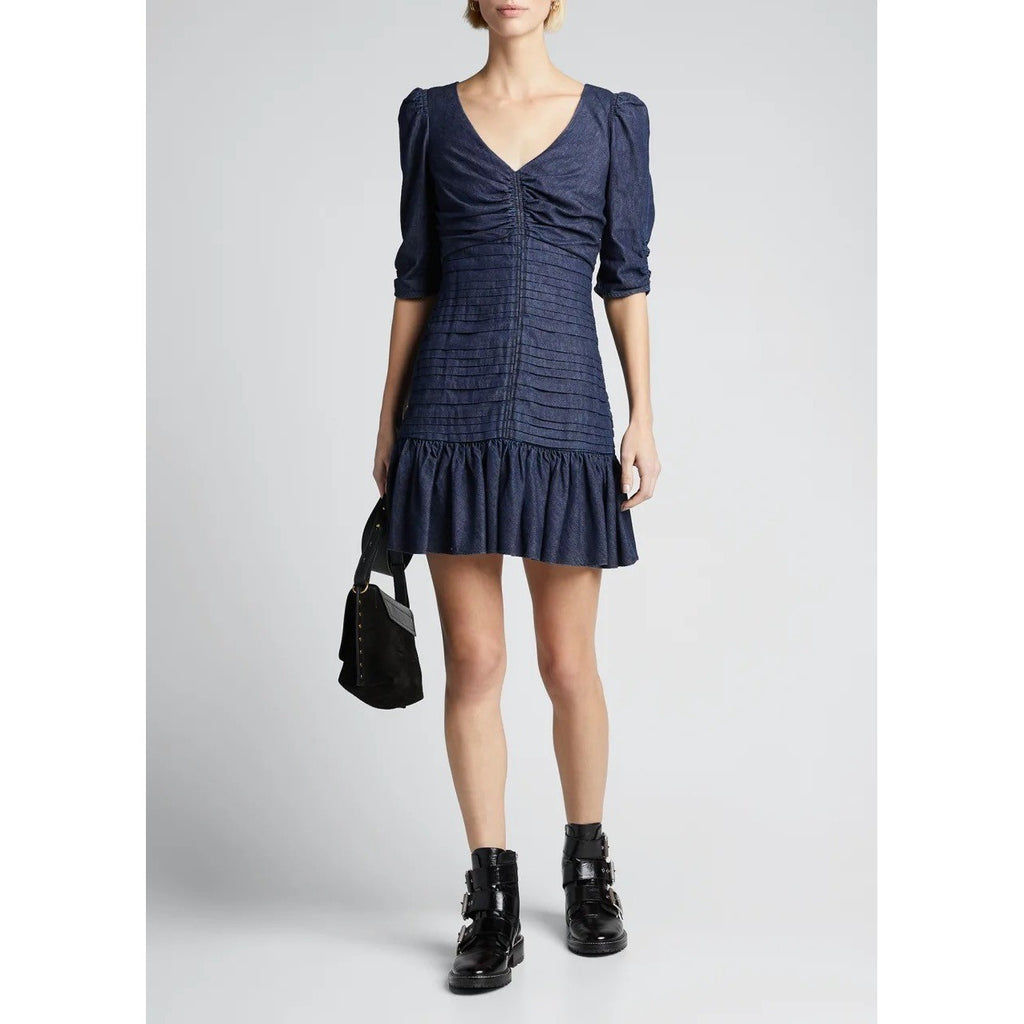 TANYA TAYLOR Pansy Dress Blue Denim Pleated Mini Puffed Sleeves Flirty Size 6