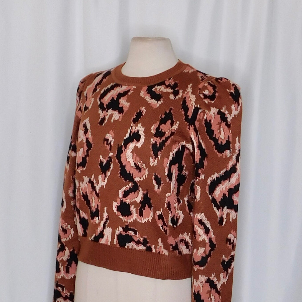 DEREK LAM Collective Brown Animal Print Sweater Leopard Puff Sleeves Large
