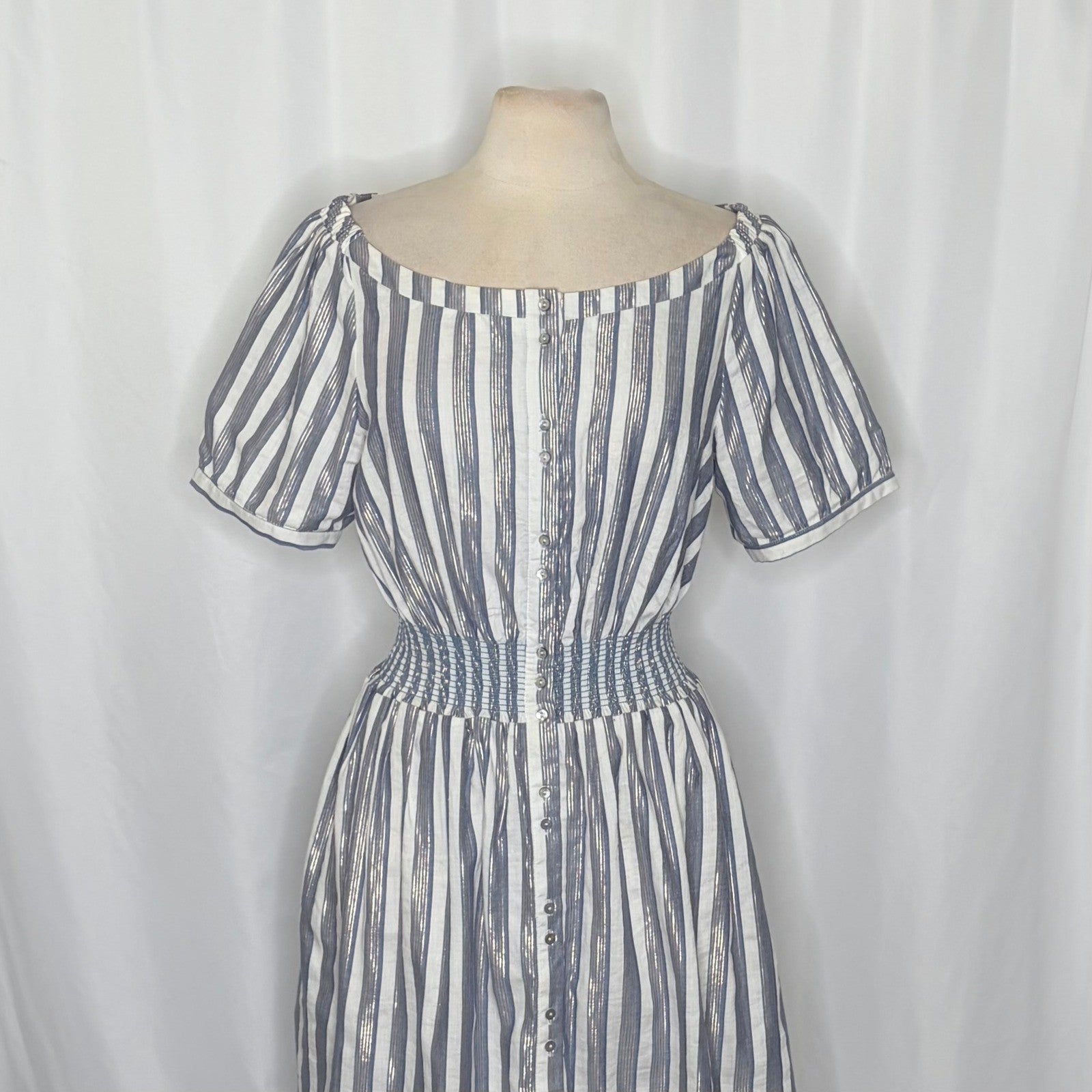 Anthropologie SEEN WORN KEPT Jenna Lurex Stripe Dress Blue White Midi – Curated Stash