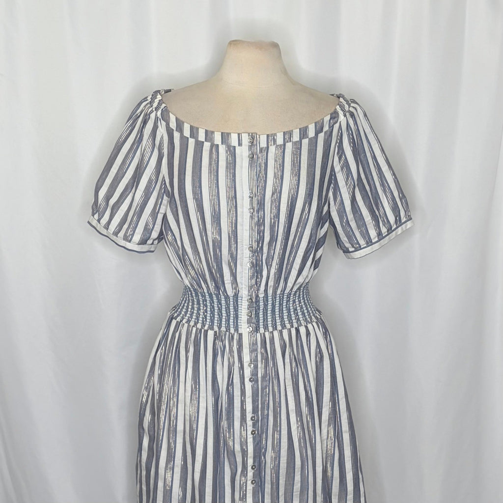 Anthropologie SEEN WORN KEPT Jenna Lurex Stripe Dress Blue White Midi Size 12