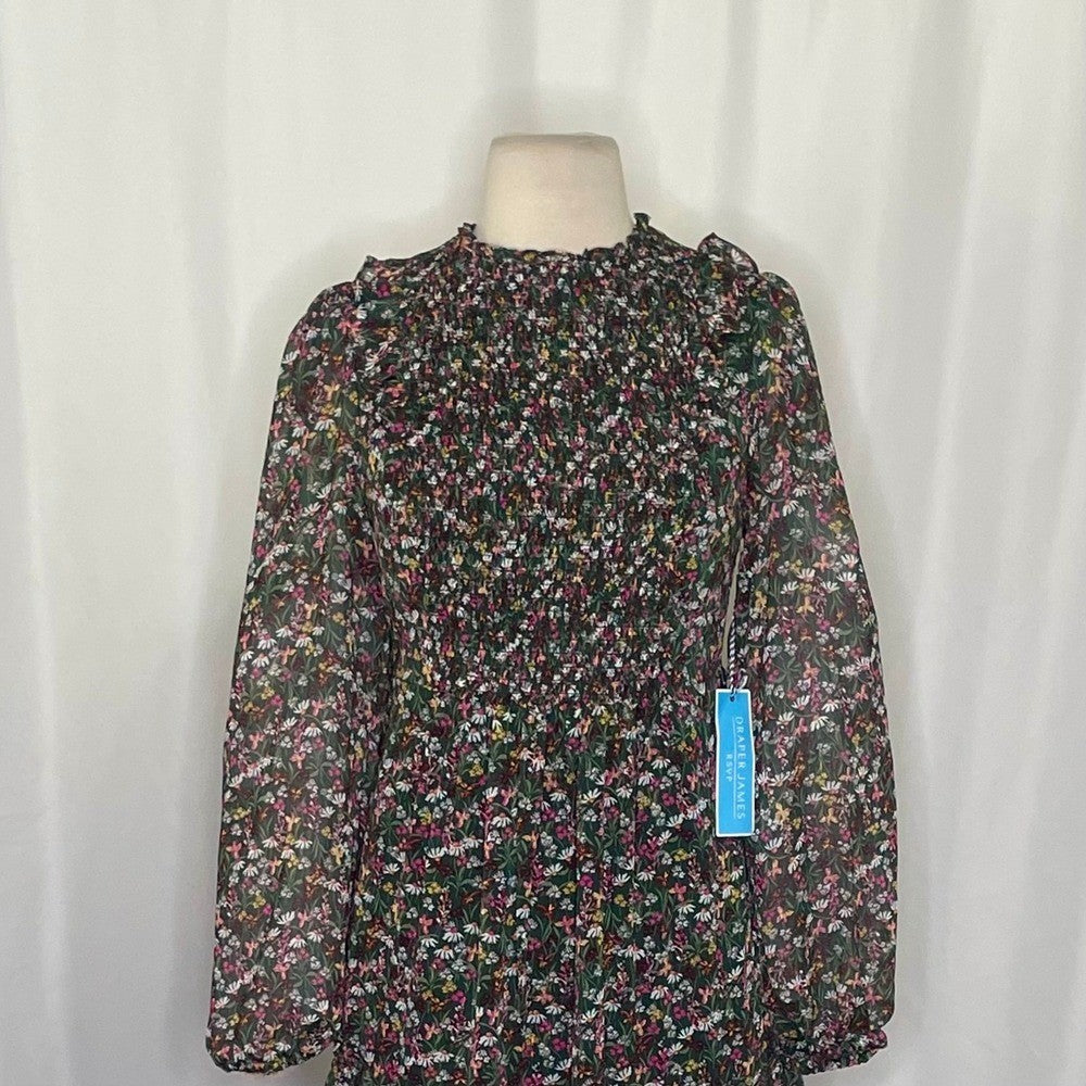 NWT!! DRAPER JAMES RSVP Green Floral Smocked Dress Midi Holidays Party X-Small
