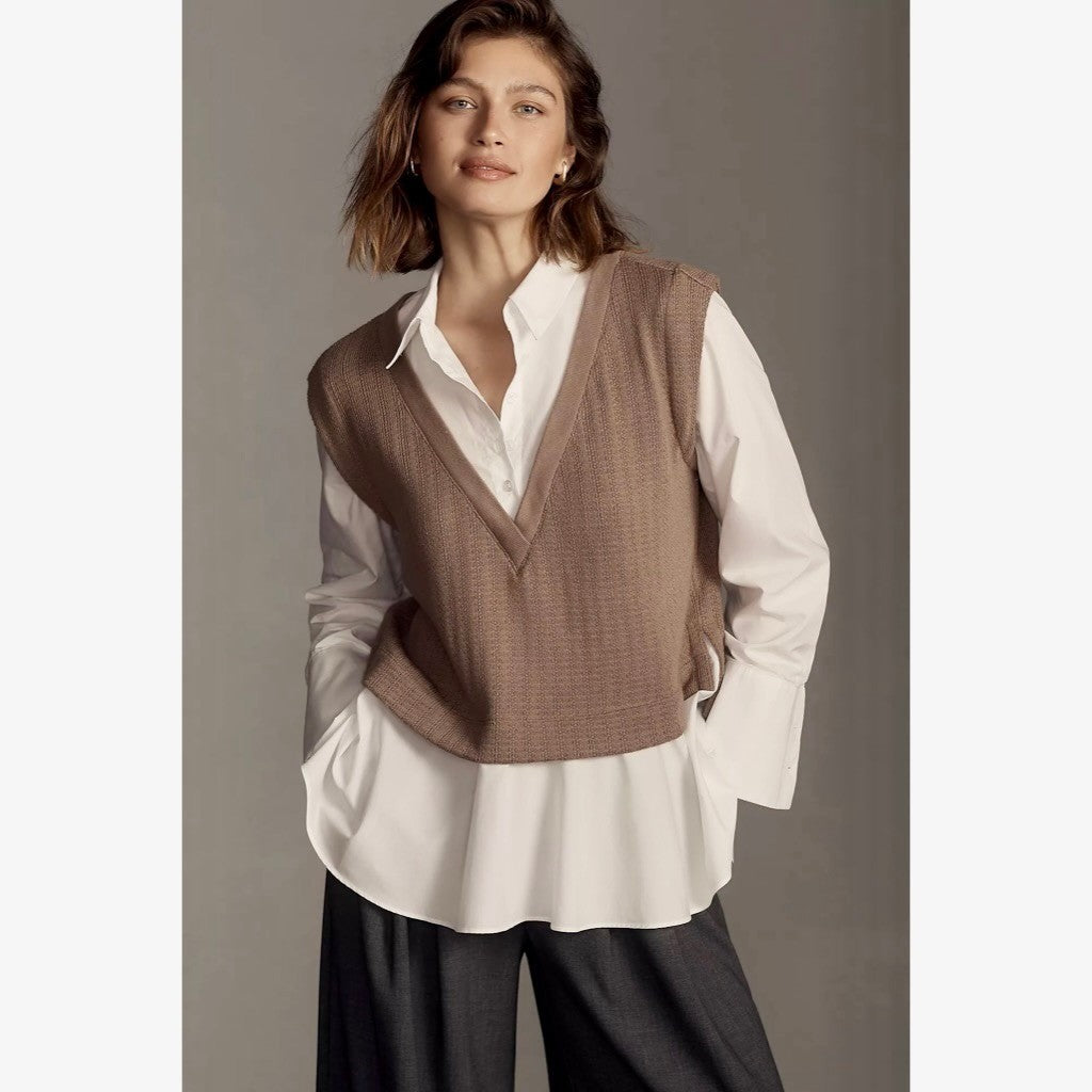 By ANTHROPOLOGIE Twofer Sweater Vest Shirt Blouse Layered Brown White X-Small