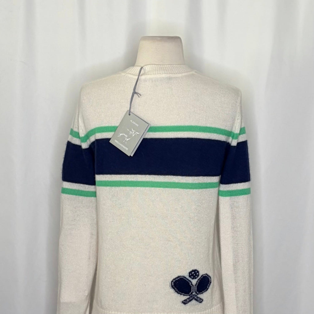NWT!! ALASHAN Cashmere Pickleball Sweater Pullover Sporty Text Script Small