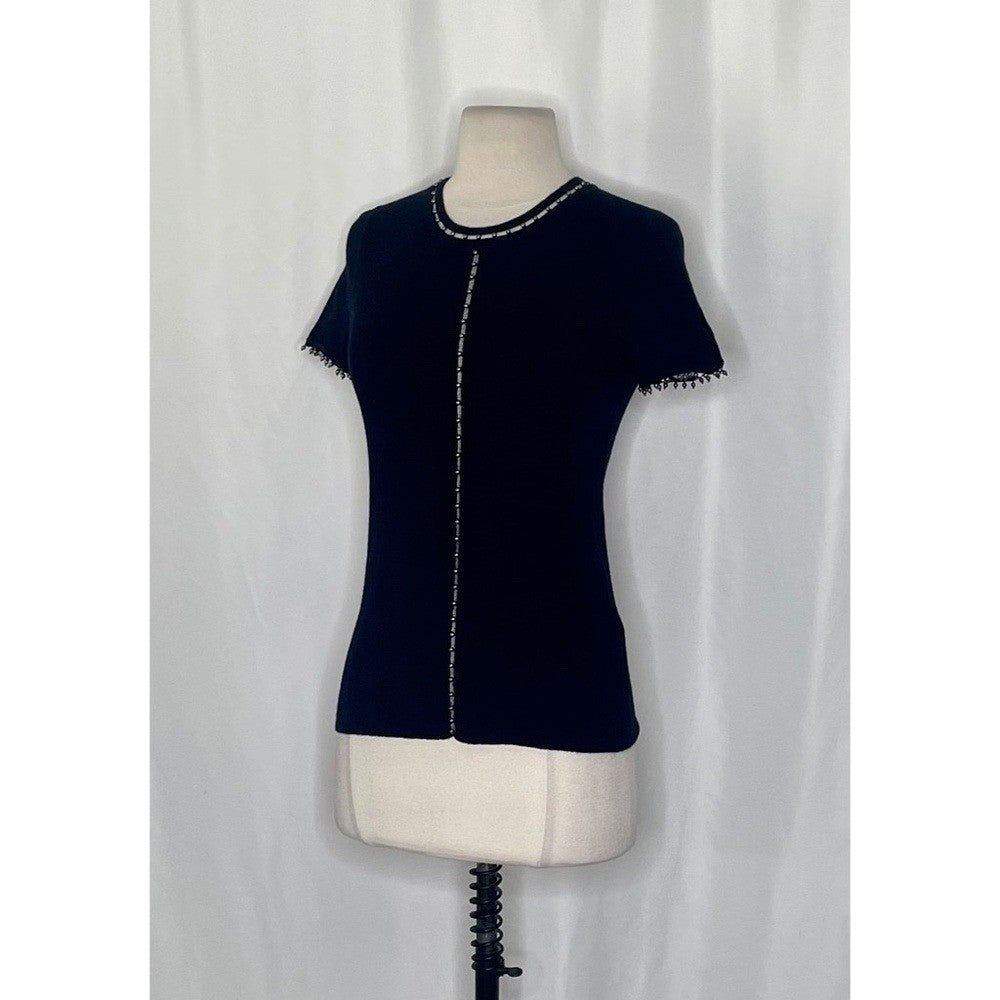 ELIE TAHARI Black Merino Wool Beaded Studded Short Sleeve Sweater Knitwear Small