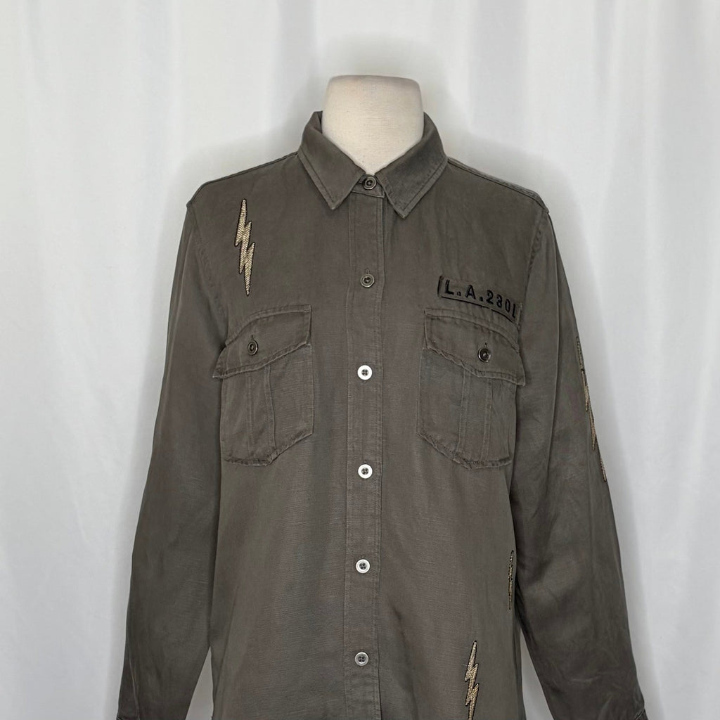 RAILS Loren Olive Lightning Bolts Buttondown Military Style Jacket Top Medium