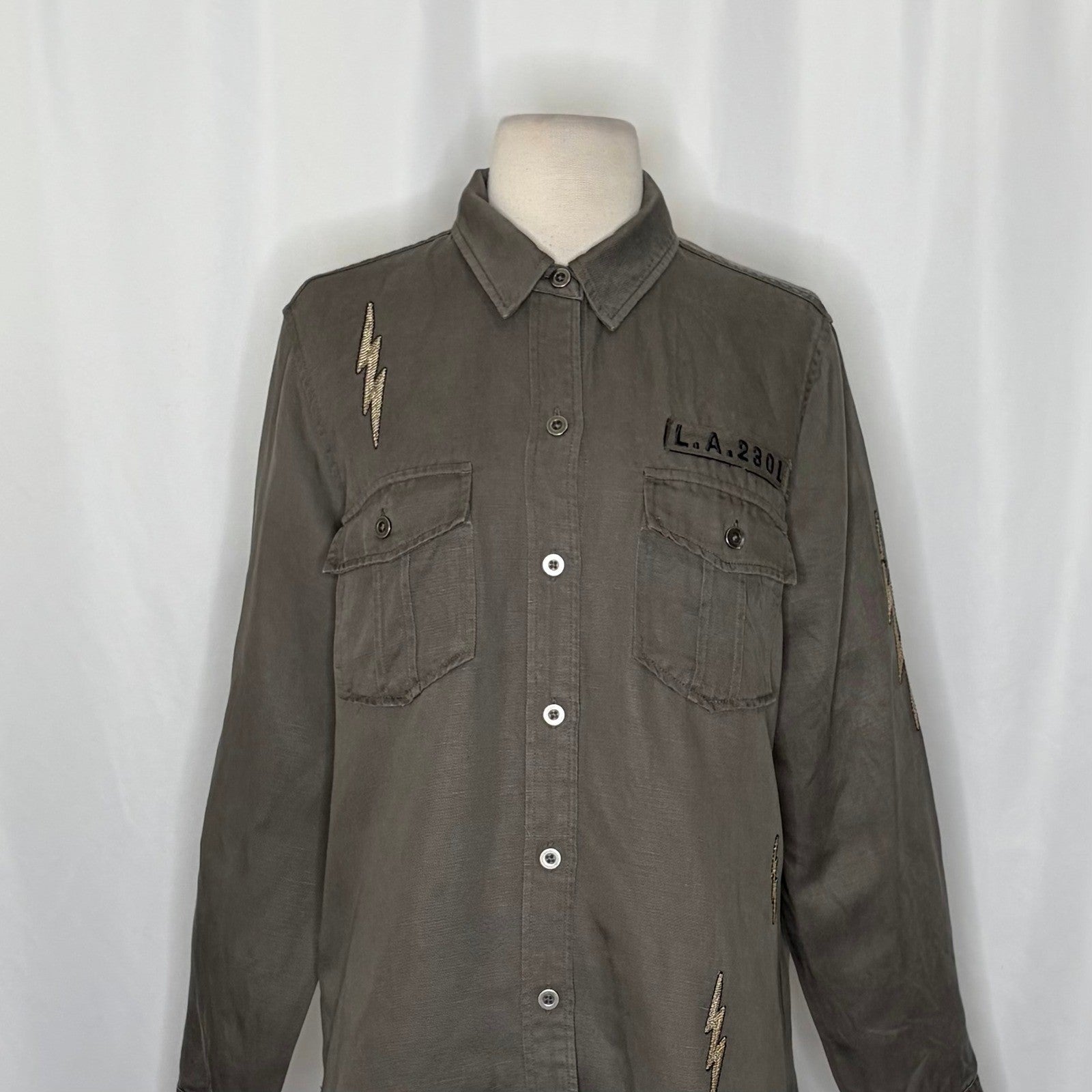 RAILS Loren Olive Lightning Bolts Buttondown Military Style Jacket Top Medium