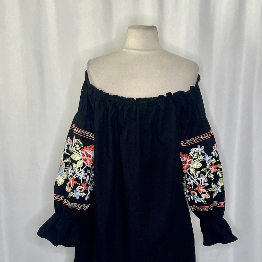 FREE PEOPLE Fleur Du Jour Mini Dress Black Floral Embroidered Off Shoulder Small