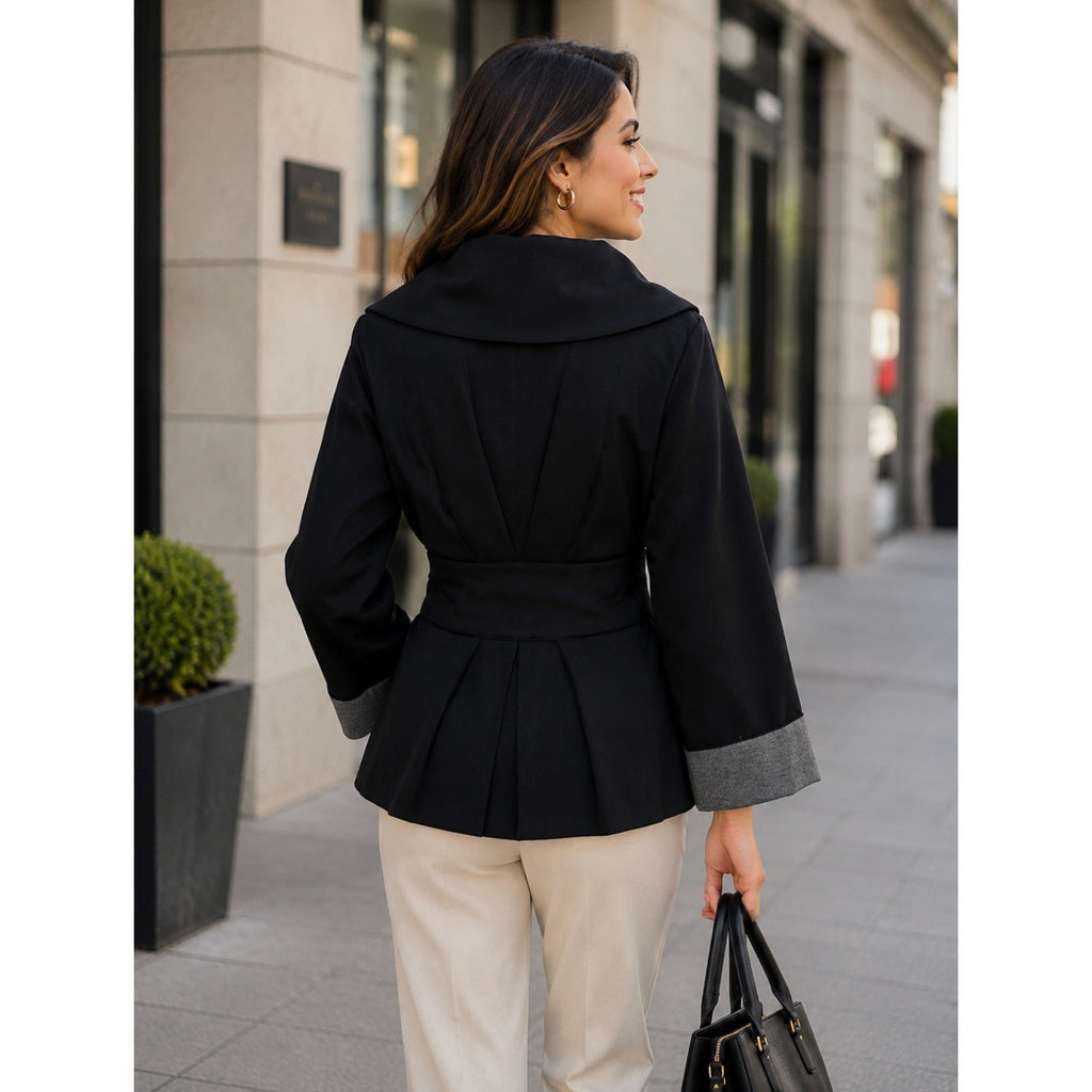 THEORY Sheena Solid Black Belted Jacket Snap Closures Viscose Knit Stretch Large