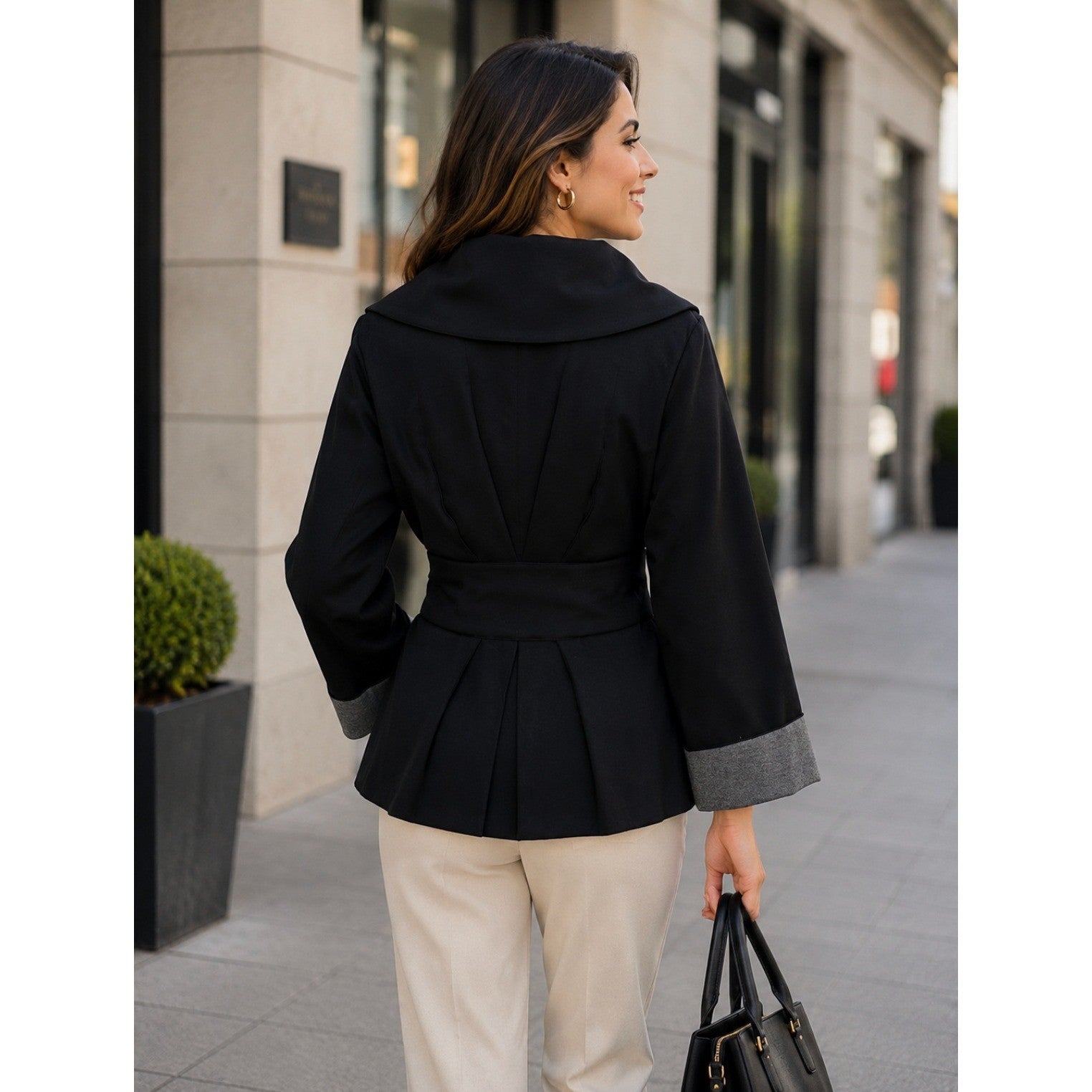 THEORY Sheena Solid Black Belted Jacket Snap Closures Viscose Knit Stretch Large