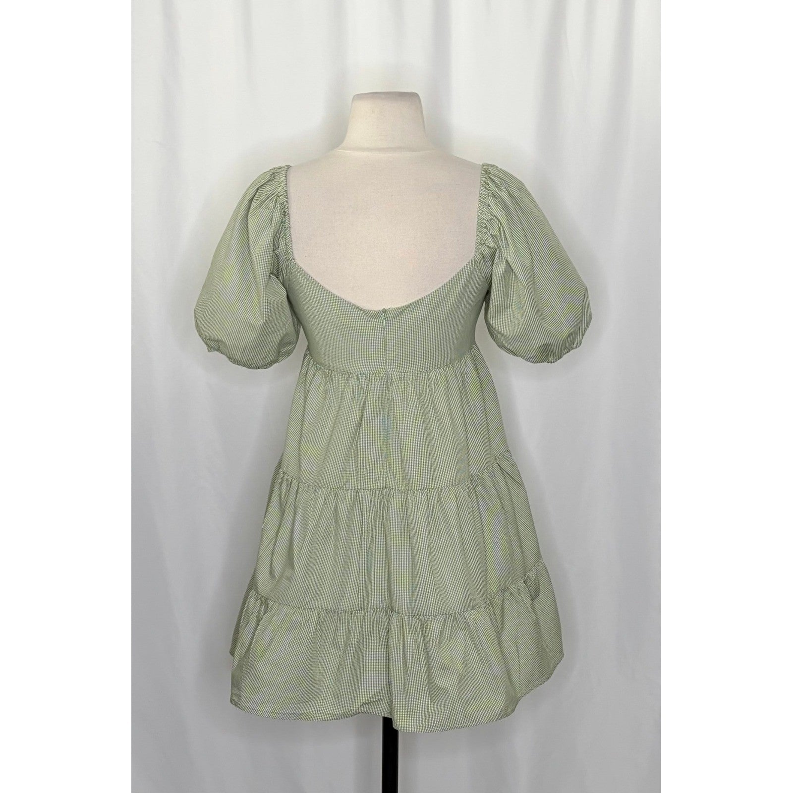 NIA Silvana Green White Gingham Babydoll Dress Tiered Mini Summer Puff Medium