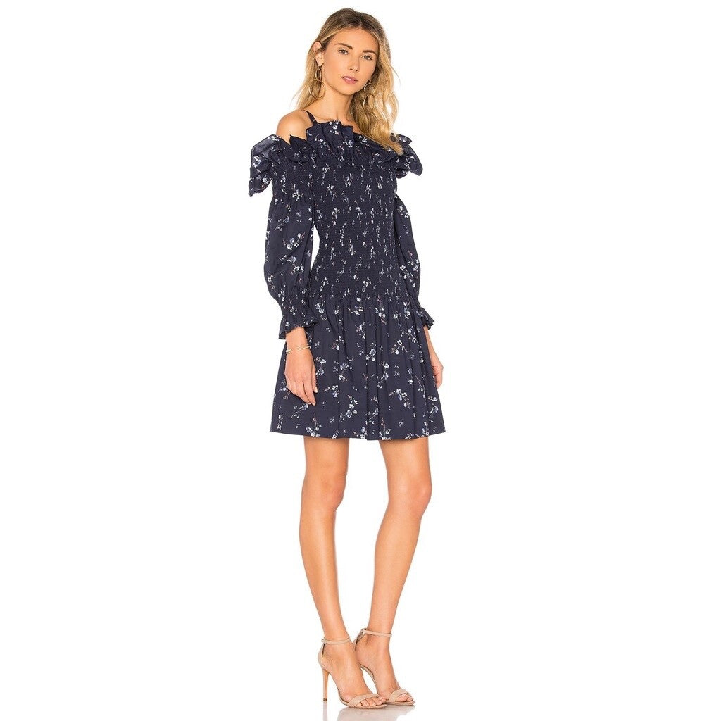 Revolve REBECCA TAYLOR Francine Off Shoulder Dress Floral Smocked Navy Blue 0