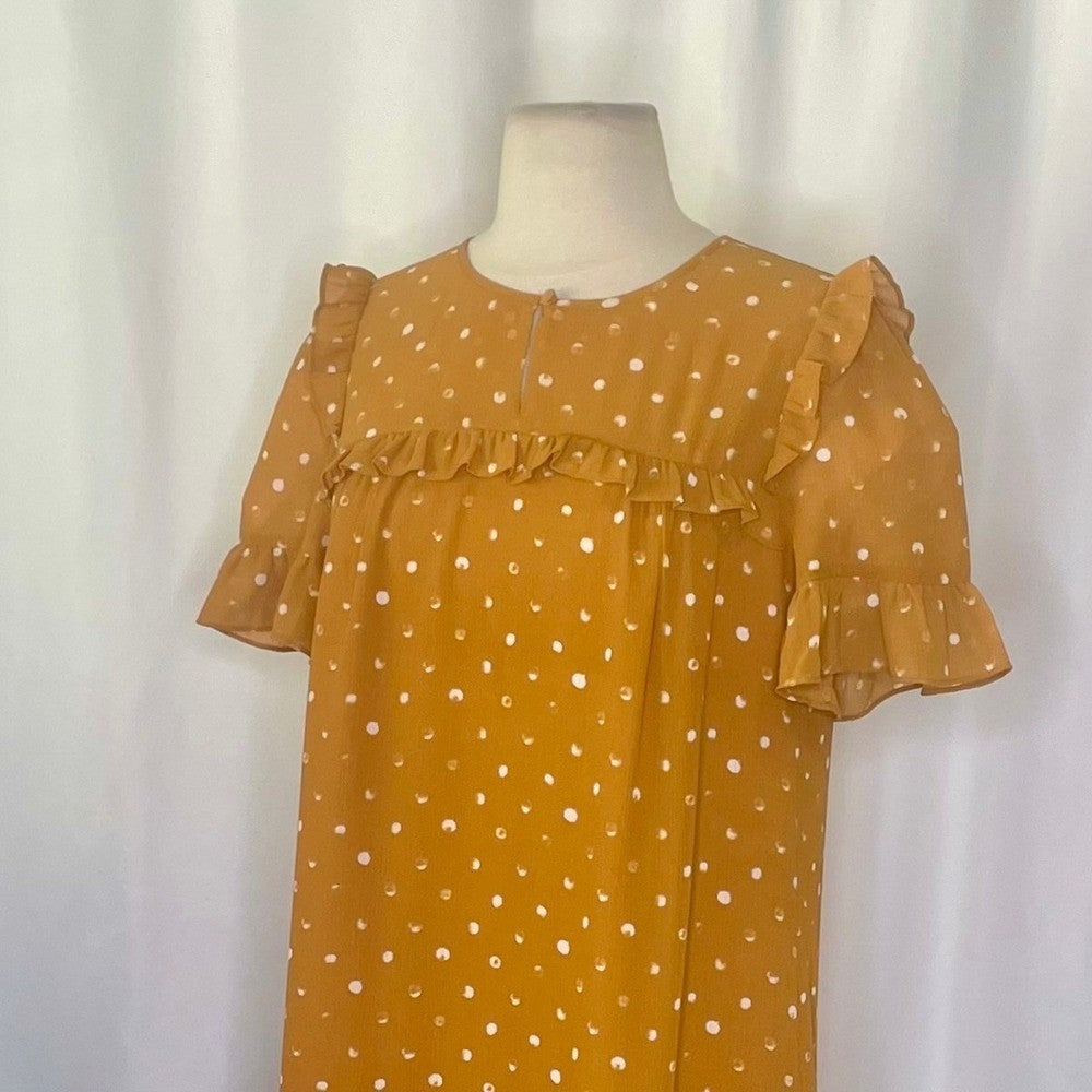 J. CREW Point Sur Ruffled Crinkle Polka Dot Dress Warm Caramel Party Size 2