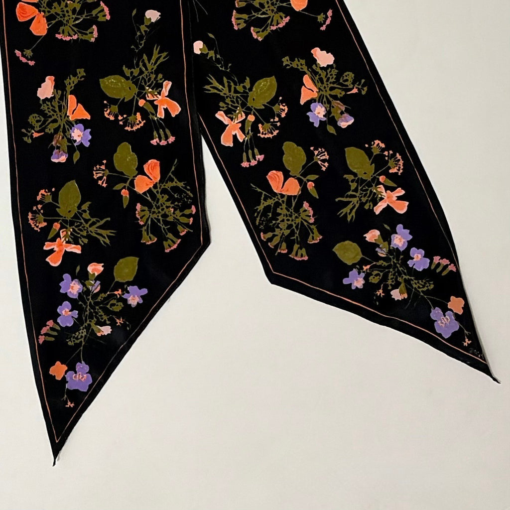 Vintage VERA NEUMANN Rectangle Floral Scarf Black Accessory Twilly Pink Green