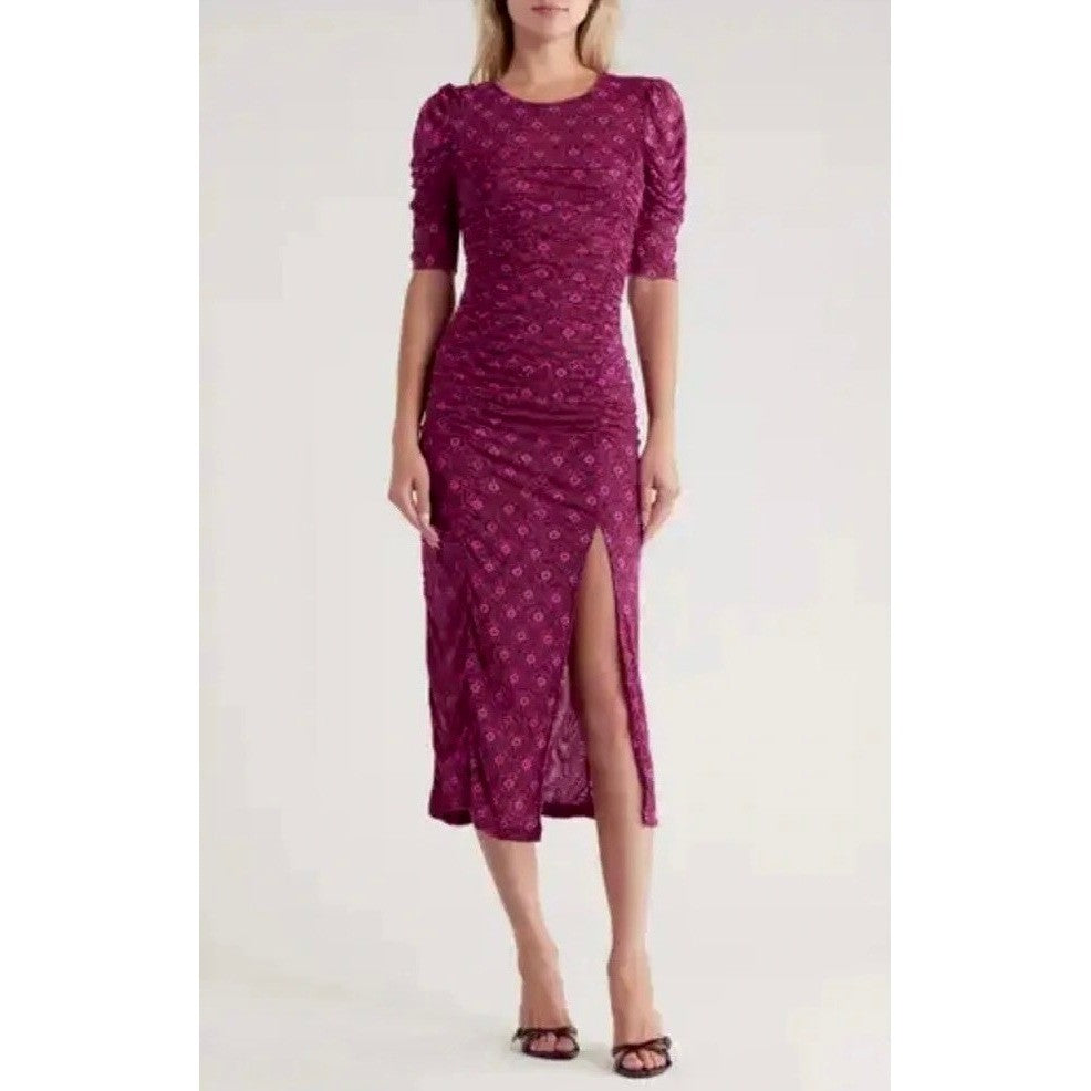 FREE PEOPLE Briella Dress Floral Ruched Midi Fuchsia Combo Ruching Party Large