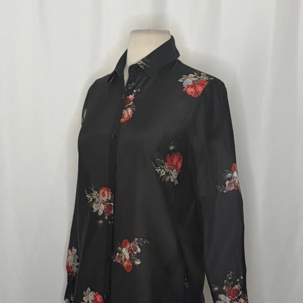 THE KOOPLES Silk Blend Black Floral Buttondown Top Blouse Button Down 0 / XS