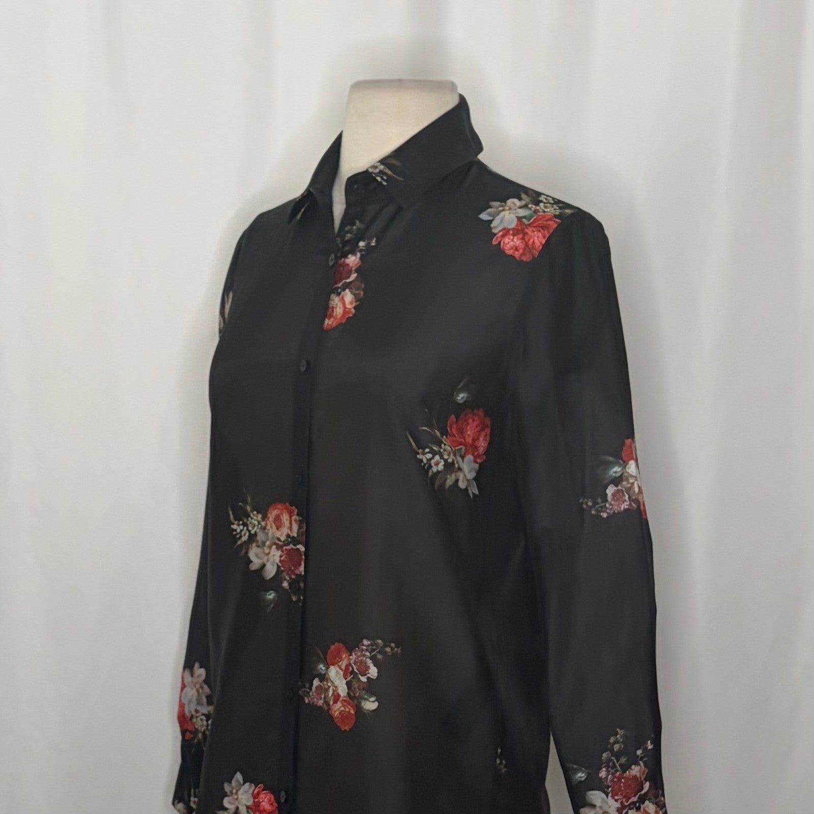 THE KOOPLES Silk Blend Black Floral Buttondown Top Blouse Button Down 0 / XS