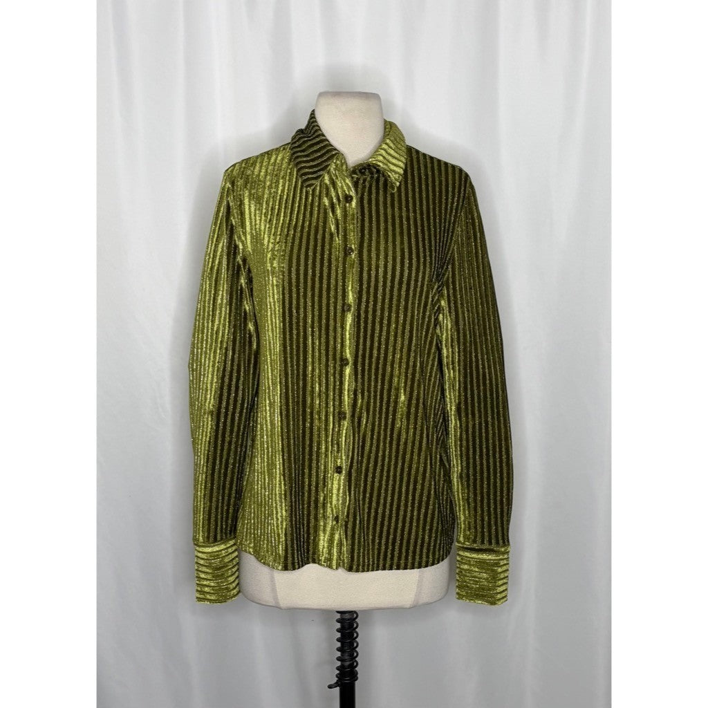 HOUSE OF HARLOW 1960 Green Velvet Stripe Buttondown Shirt Top Metallic Small