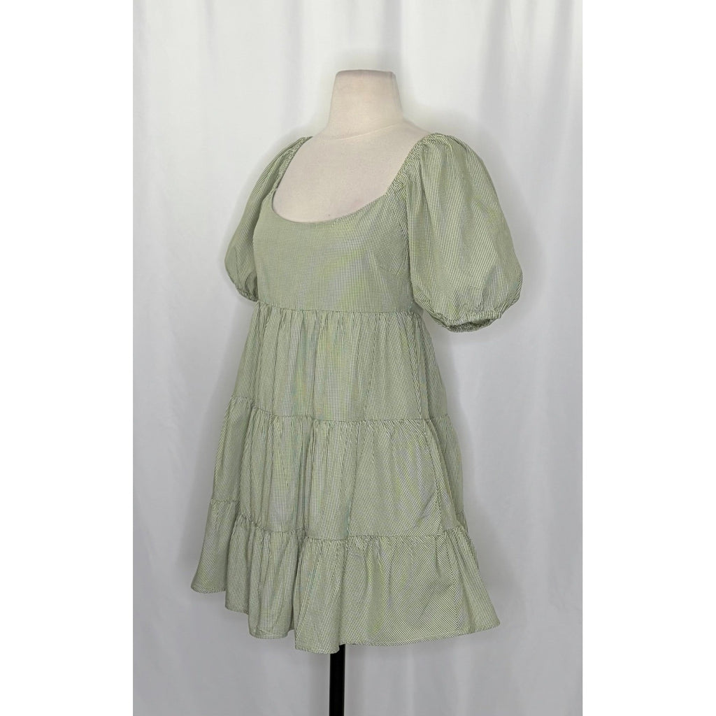 NIA Silvana Green White Gingham Babydoll Dress Tiered Mini Summer Puff Medium