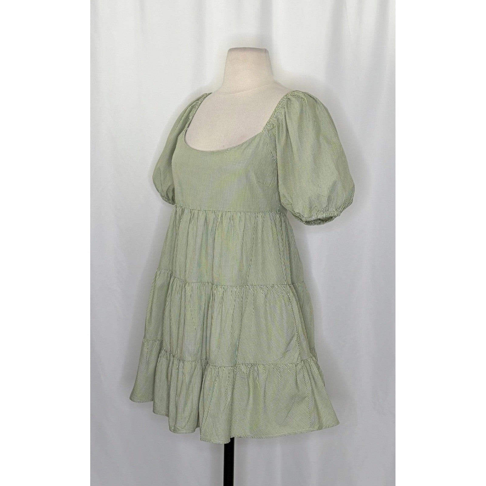 NIA Silvana Green White Gingham Babydoll Dress Tiered Mini Summer Puff Medium