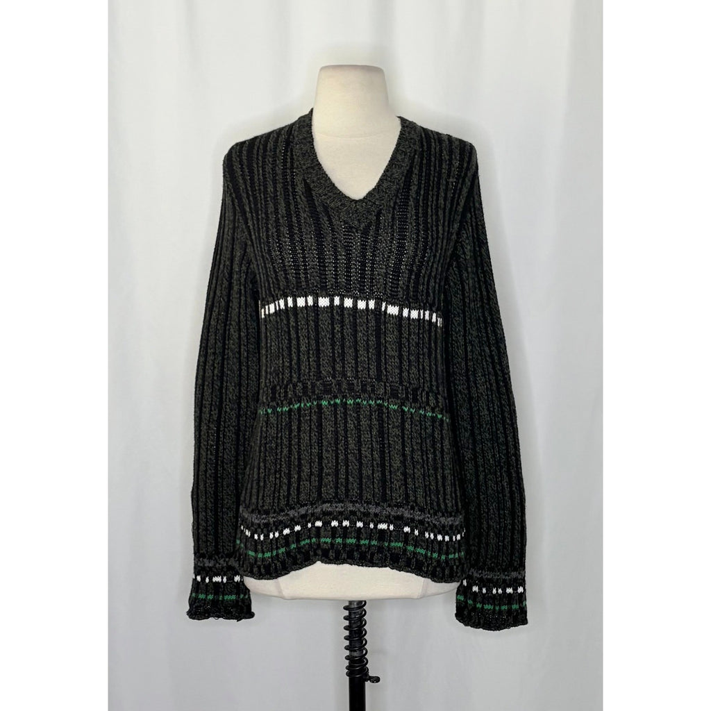 DRIES VAN NOTEN Green Striped Pullover Knit Sweater V Neck Medium