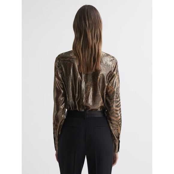 REISS Kendall Metallic Animal Print Tie Neck Blouse Gold Buttondown Size 8