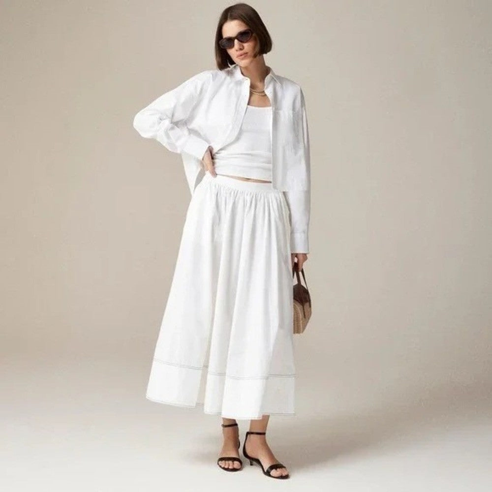 NWT!! J. CREW Contrast-Stitch Midi Skirt Cotton Poplin Solid White Navy Blue 14