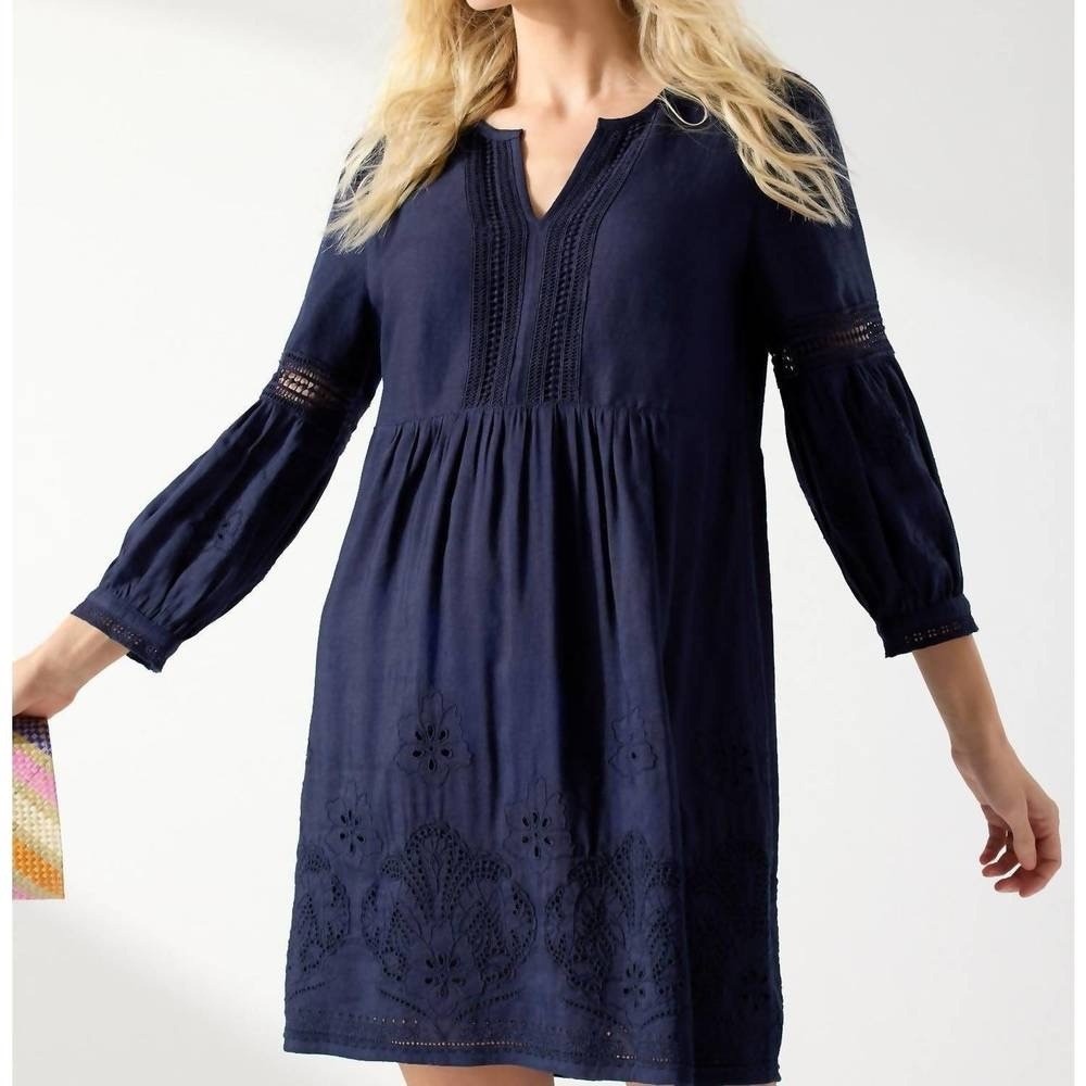 TOMMY BAHAMA St. Lucia Split Neck Dress Navy Blue Mare Embroidered X-Large