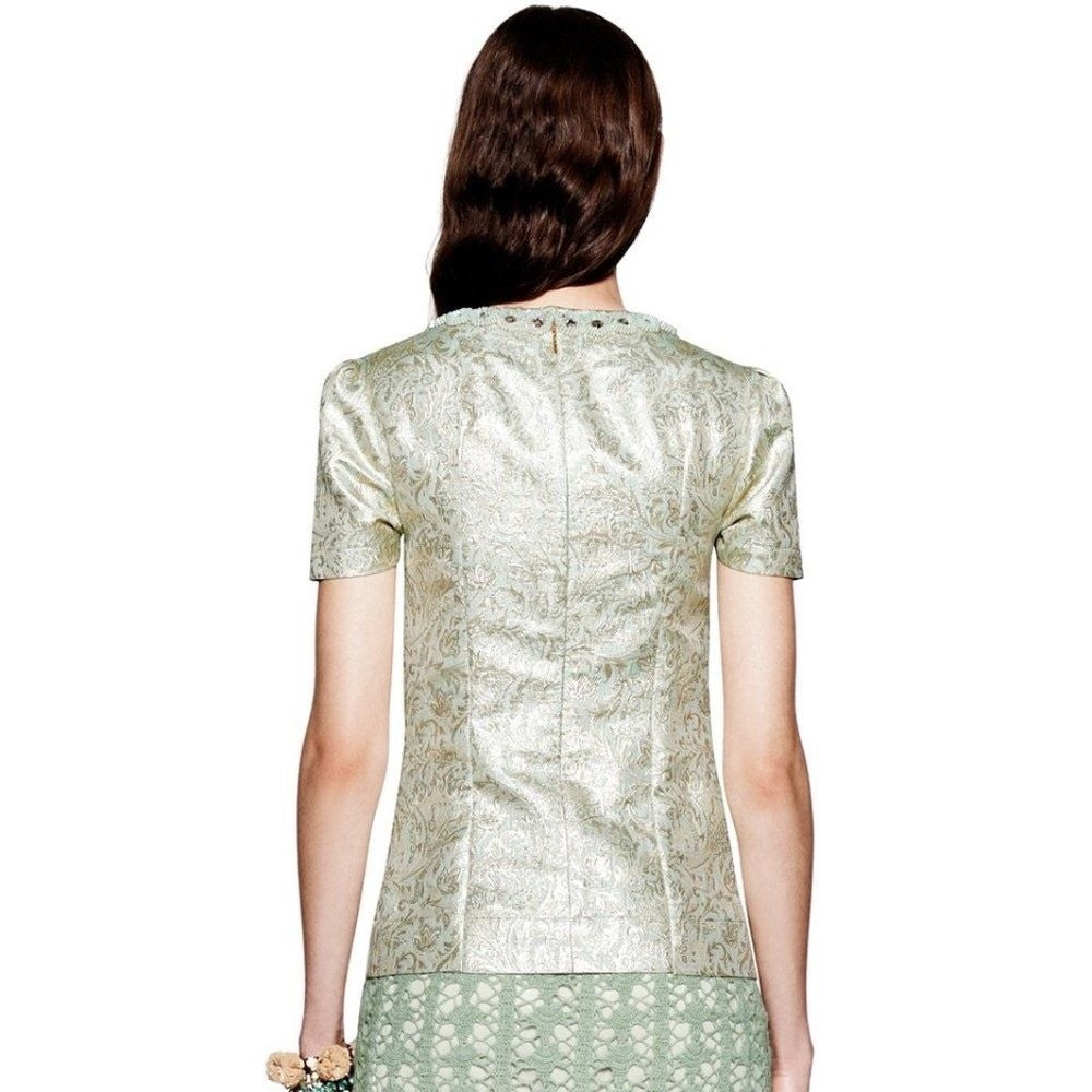 TORY BURCH Lola Top Blouse Aqua Glass Embellished Silk Brocade Floral Size 4