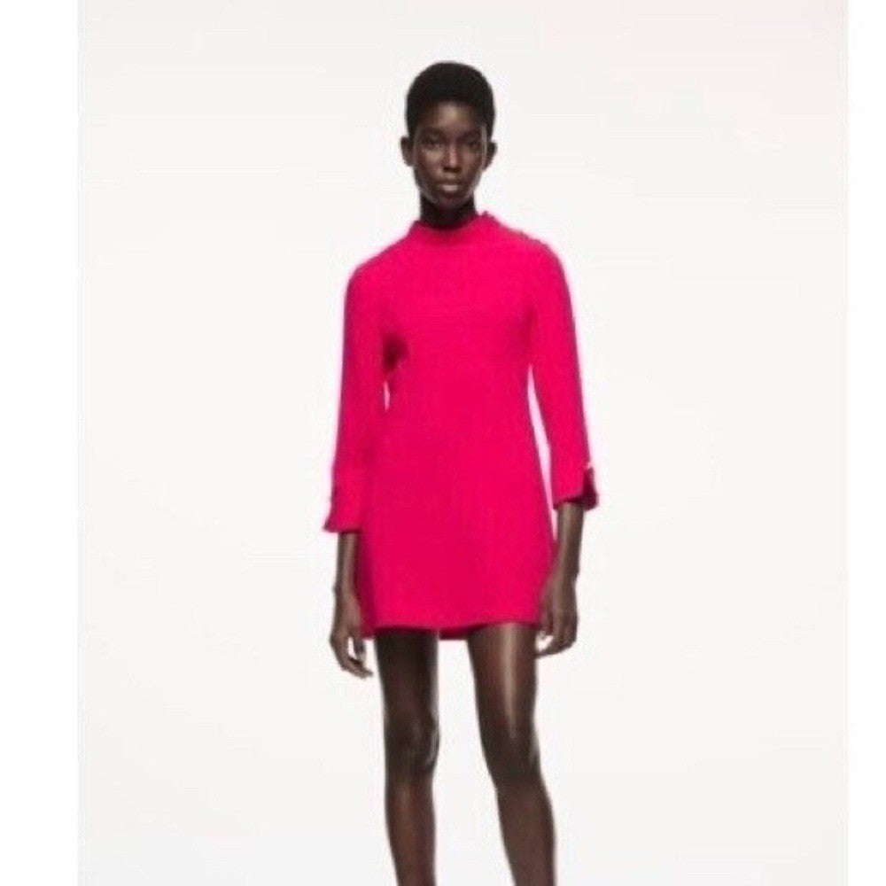 ZARA Mock Neck Mini Dress Gold Buttons Solid Pink Retro Knit Valentine Small