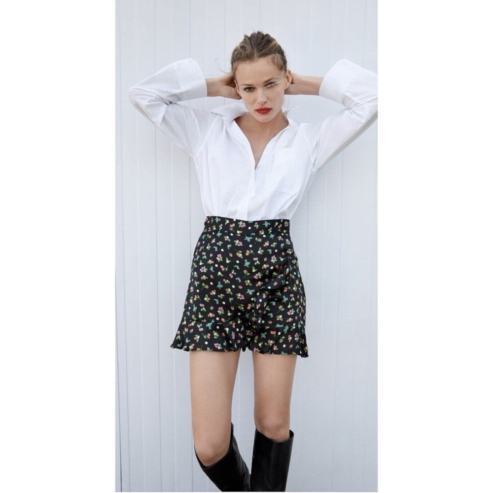 ZARA Black Floral Fruit Berries Ruffled Satin Shorts Skort Satin Summer X-Small