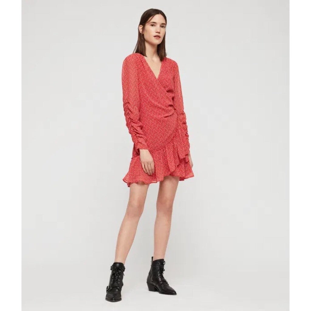 ALLSAINTS Flores Heart Print Wrap Dress Ruched Ruffle Red All Saints X-Small