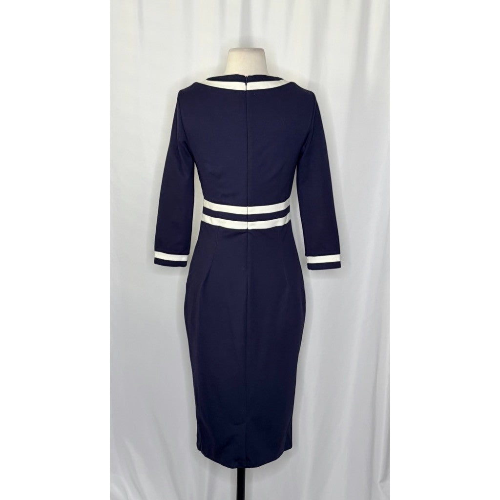 BODEN Nellie Ponte Knit Dress Navy Blue White Preppy Nautical Modest Size 4