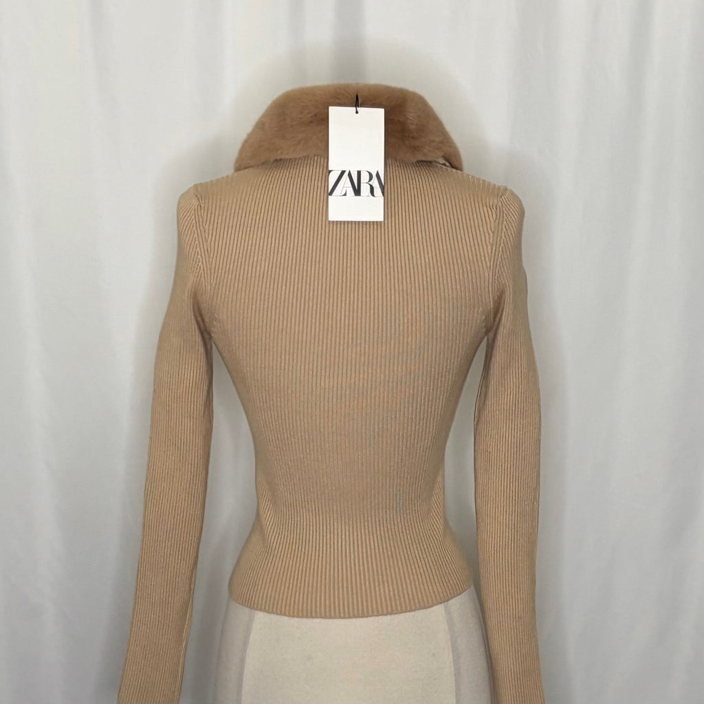 NWT!! ZARA Faux Fur Lapel Knit Sweater Tan Light Brown Zipper Pullover Small
