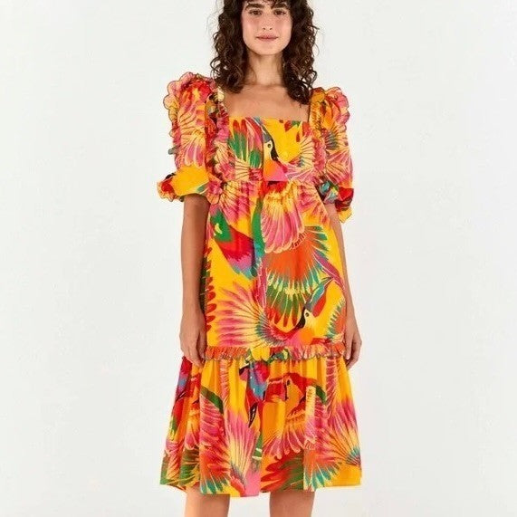 FARM RIO Colorful Toucans Scallops Midi Dress Birds Vacation Embroidered X-Large