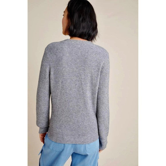 By ANTHROPOLOGIE Rocio Ribbed Tie Front Sweater Solid Gray V Neck Knit Medium