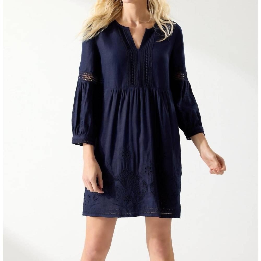 TOMMY BAHAMA St. Lucia Split Neck Dress Navy Blue Mare Embroidered X-Large