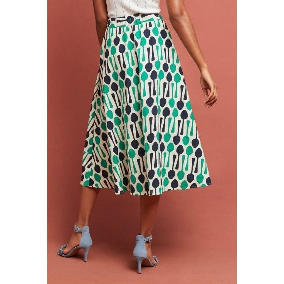 Anthropologie EVA FRANCO Spoons Print Midi Skirt Navy Blue Kelly Green Spoon 8
