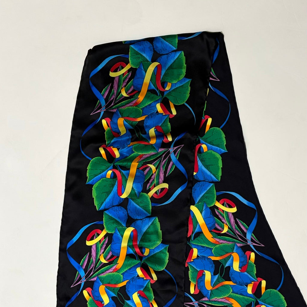 Vintage RUSH LIMBAUGH Aspen Leaves Colorful Rectangular Silk Scarf Black Floral