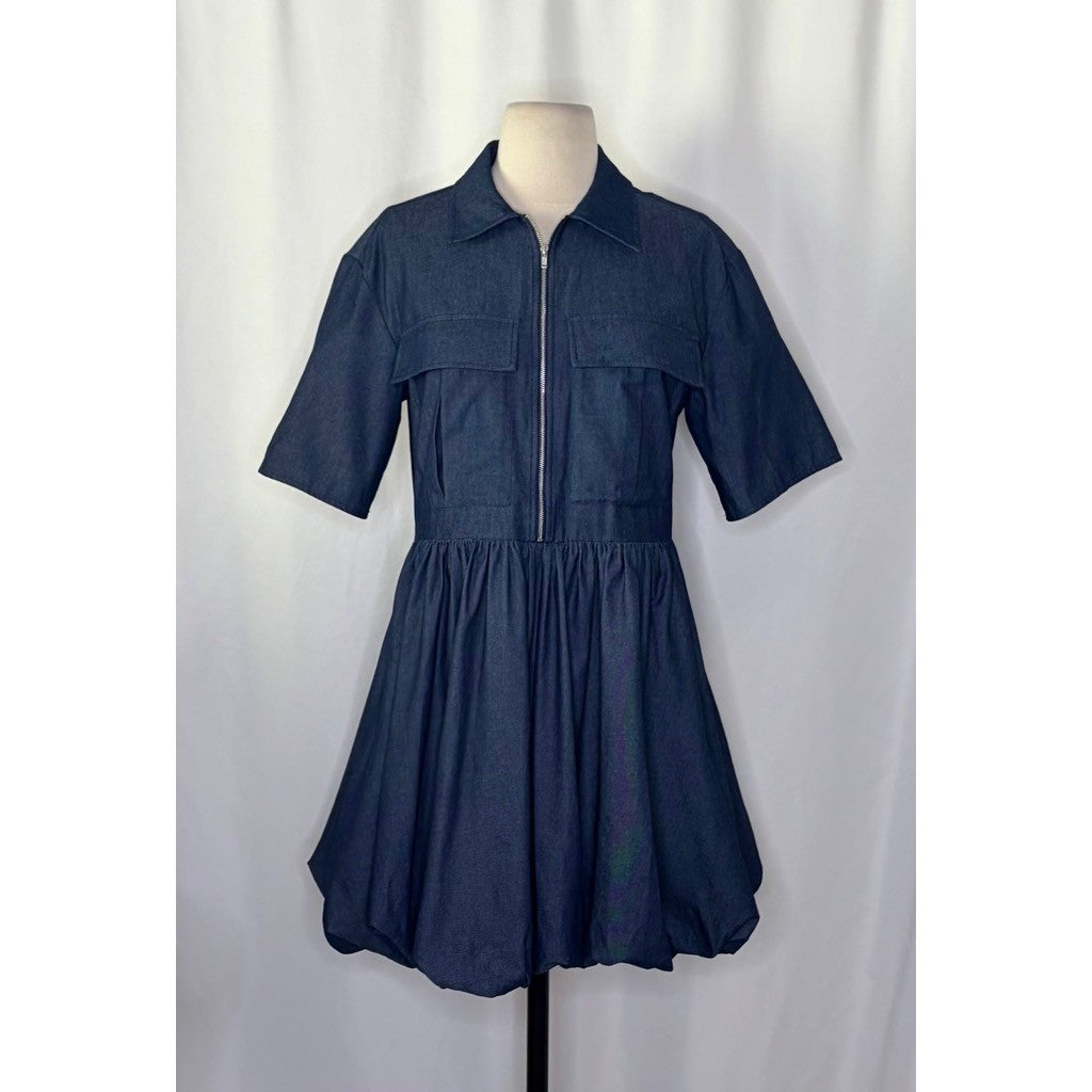Anthropologie MARE MARE Short Sleeve Denim Bubble Hem Mini Dress Pockets Small