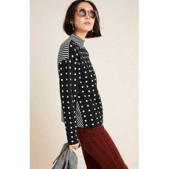 By ANTHROPOLOGIE Lizzie Mock Neck Sweater Black White Polka Dot Striped Large