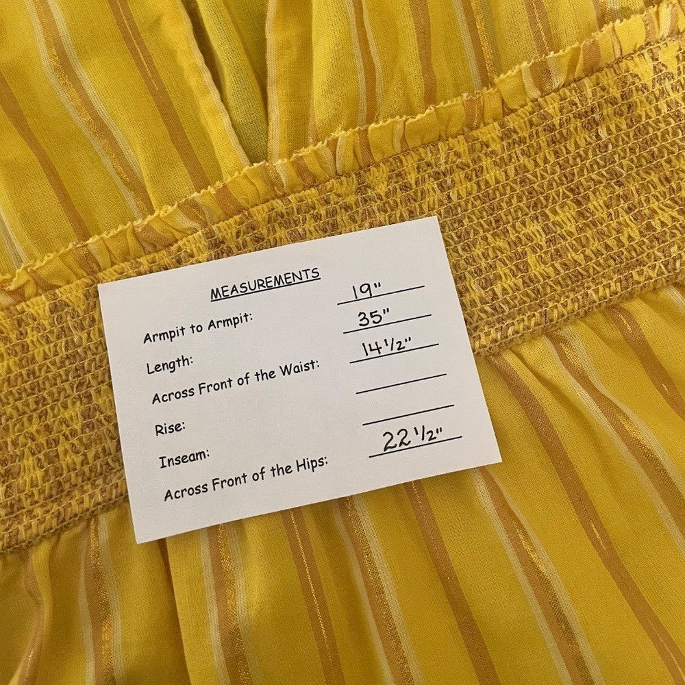 SAYLOR Yellow Metallic Striped Dress Fluttery Smocked Mini Gold Party Medium