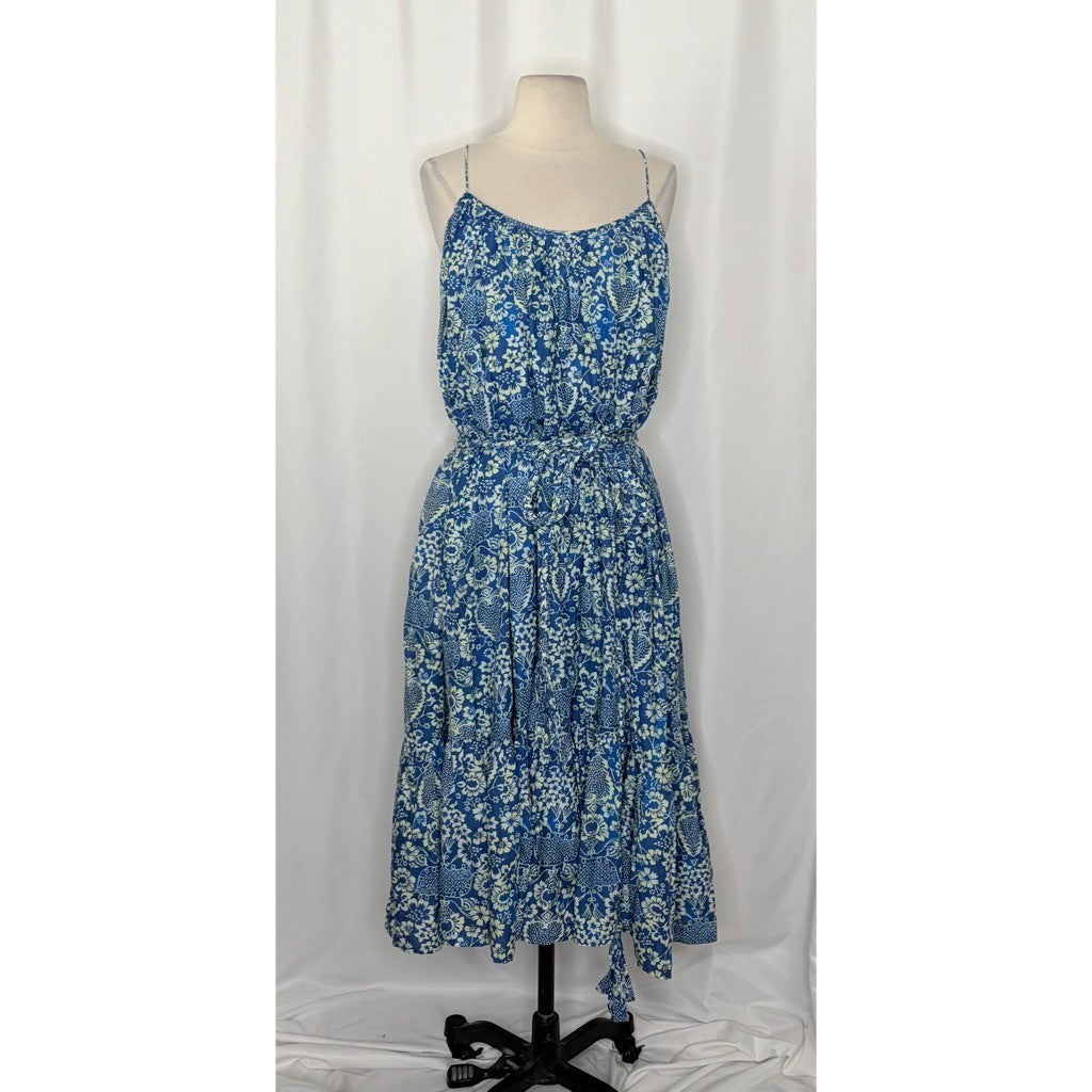 RHODE Lea Belted Floral Printed Cotton-Poplin Midi Dress Blue Vacation X-Small