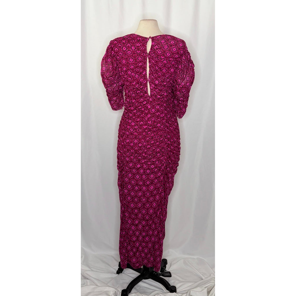 FREE PEOPLE Briella Dress Floral Ruched Midi Fuchsia Combo Ruching Party Large