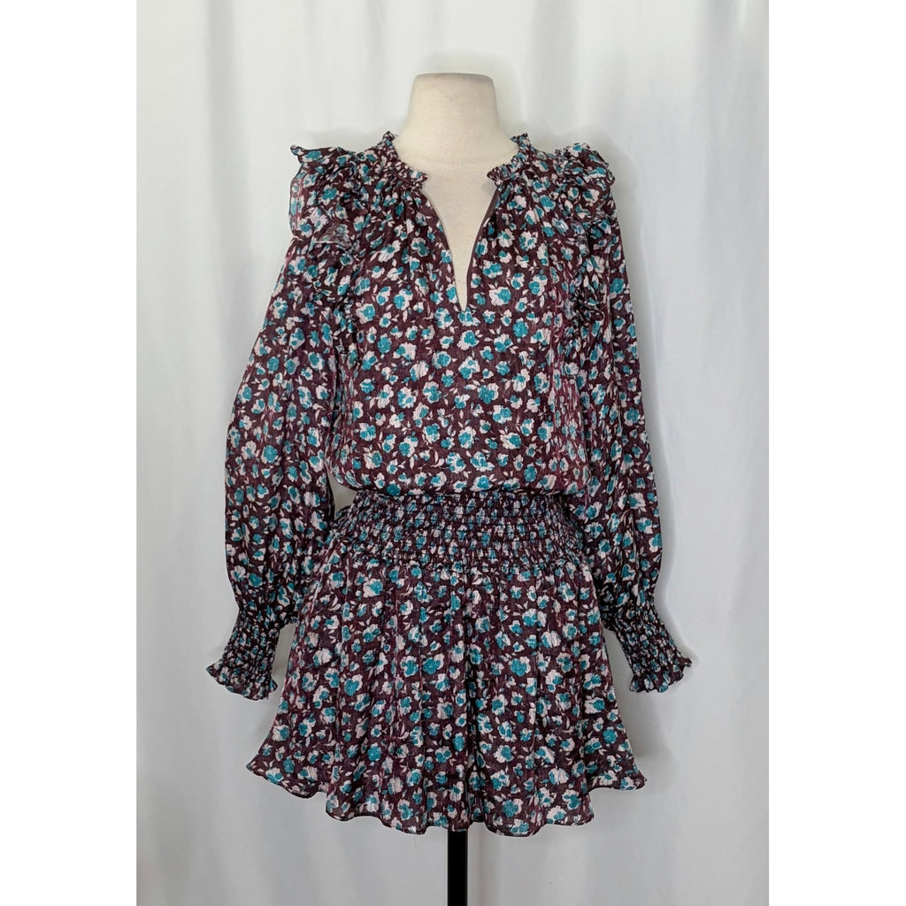RAMY BROOK Silk Penelope Dress Roco Floral Mini Ruffled Smocked Purple Teal XS