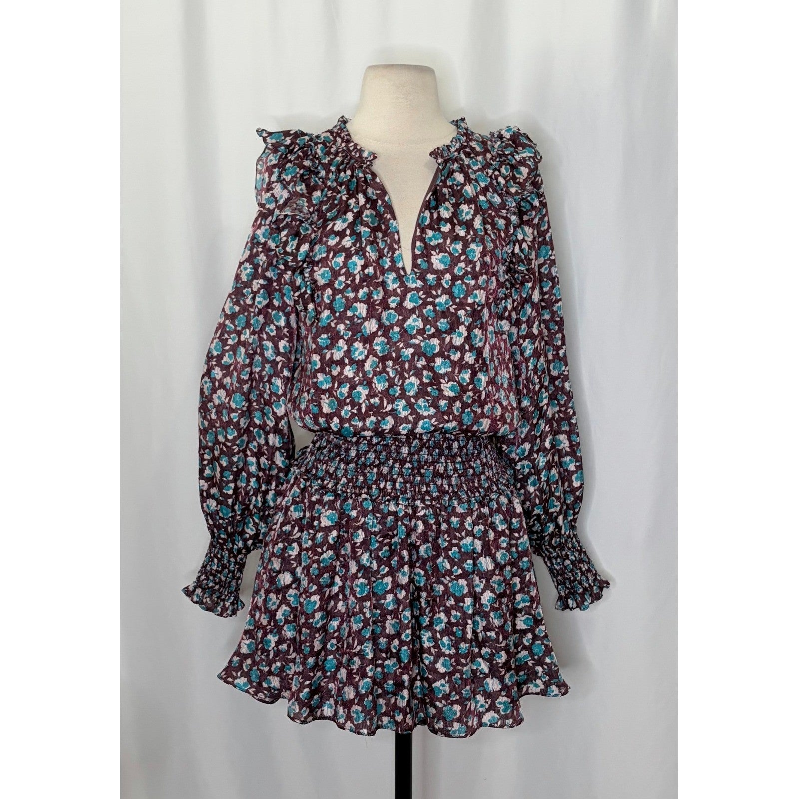 RAMY BROOK Silk Penelope Dress Roco Floral Mini Ruffled Smocked Purple Teal XS