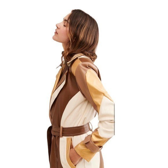 COLIN LOCASCIO Francine Patchwork Trench Coat Vegan Leather Belted Retro Small