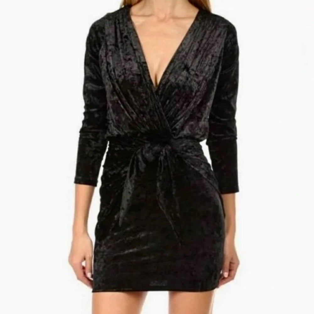 MISA Los Angeles Ophelie Black Crushed Velvet Tie Front Mini Dress Stretch Small