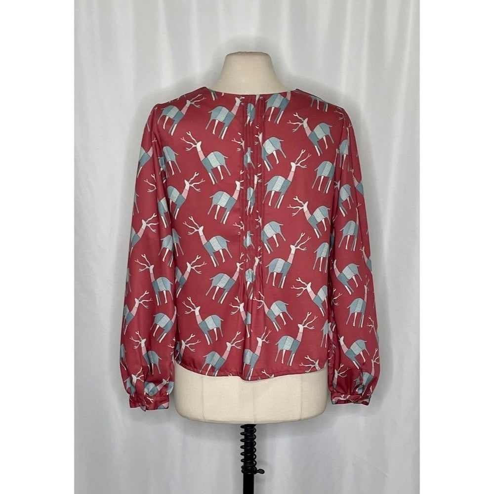 Anthropologie GEISHA DESIGNS Reindeer Deer Print Pleated Top Blouse Medium