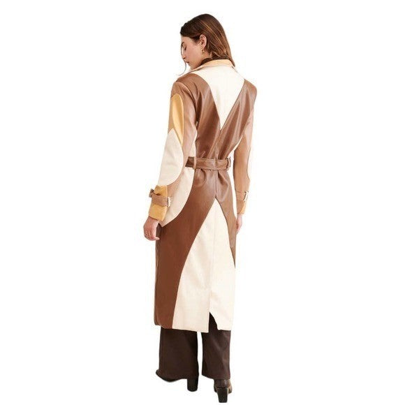 COLIN LOCASCIO Francine Patchwork Trench Coat Vegan Leather Belted Retro Small