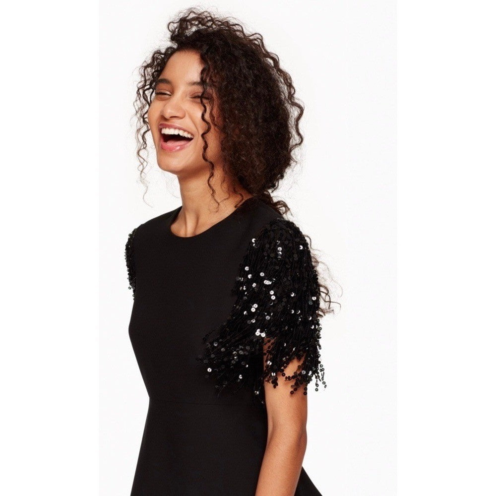 KATE SPADE Sequin Fringe Swing Dress Solid Black Party Glam Embellished Size 2
